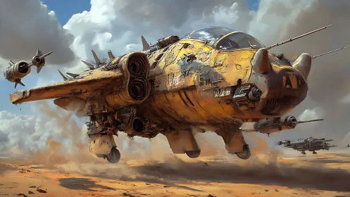 Digital painting of desert gunship squadron in low hover formation.