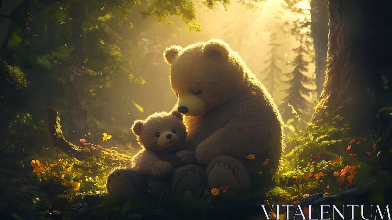 Sunlit forest cuddle with two bears in a gentle embrace.