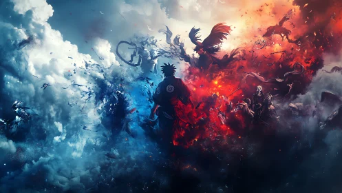 Central warrior between blue storm and red fire clash.