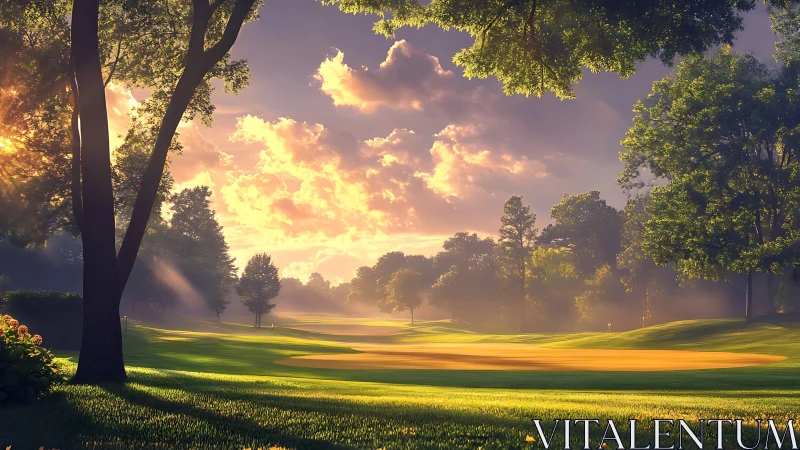 Sunlit fairway sanctuary under a dreamy painterly sunrise.