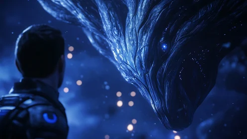 Starlit encounter with a colossal bioluminescent alien entity.