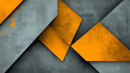 Geometric orange panels cut through weathered steel tones