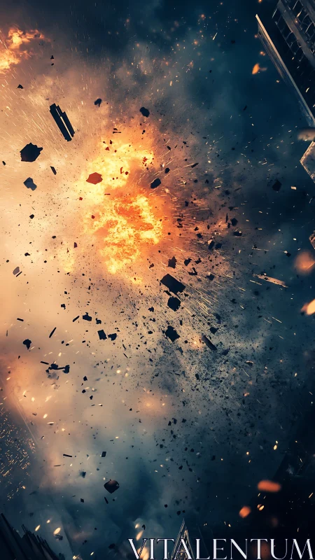 Urban high-rise explosion hurls burning debris skyward.