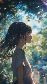 Side-profile view shows girl standing under diffuse forest light