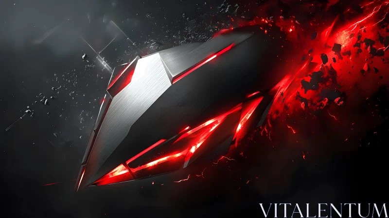 Futuristic metallic shield with glowing red accents, digital art style.