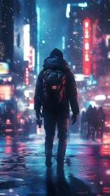 Lone neon drifter stalks rainlit city streets at midnight.