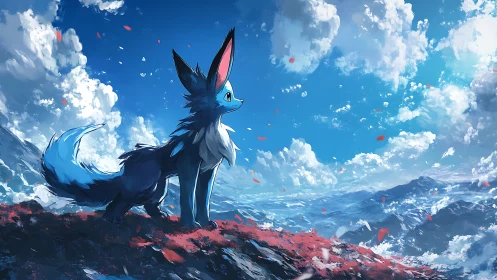 Brave blue fox-like creature gazes across bright dream skies