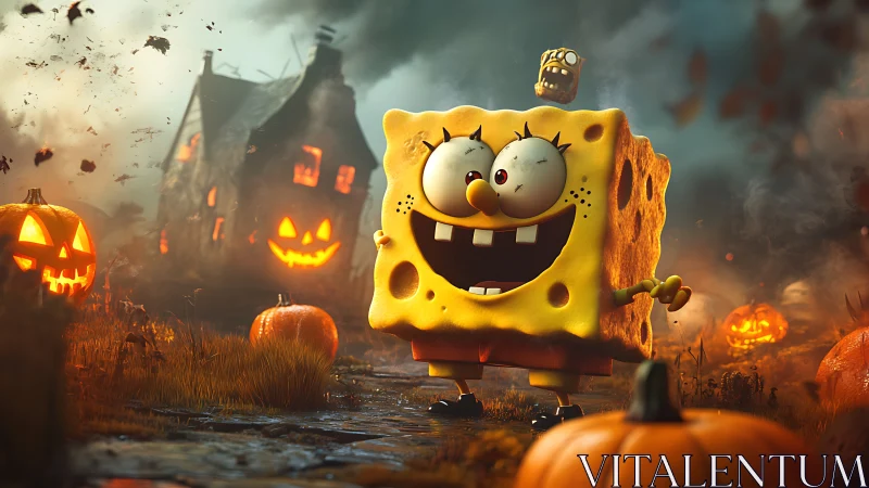 3D cartoon sponge character in eerie Halloween pumpkin graveyard