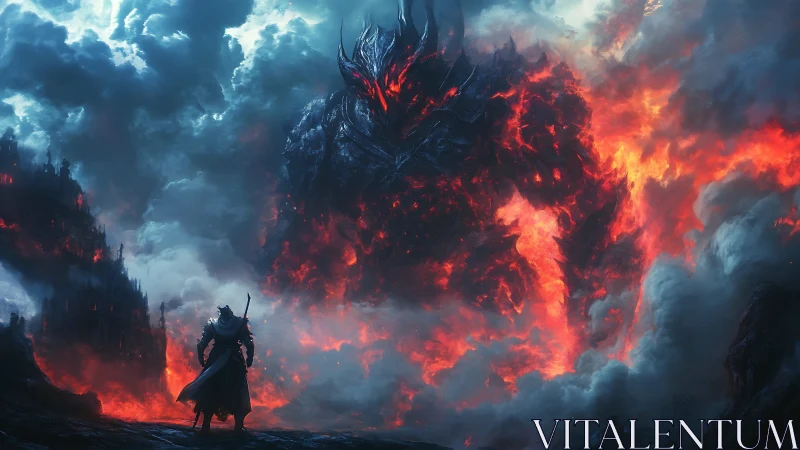 Epic digital painting of knight confronting colossal lava demon.