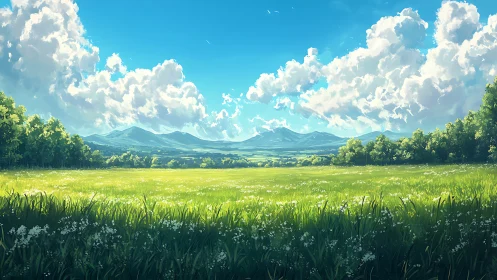 Sunlit meadow opens toward distant blue mountains and clouds