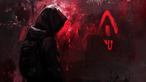 Hooded figure studies red graffiti under harsh chiaroscuro lighting