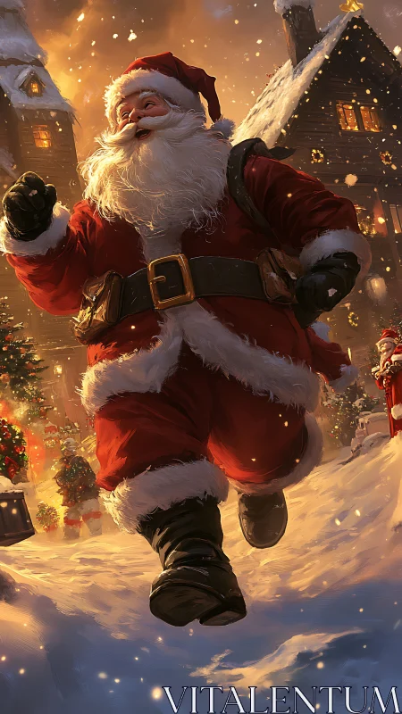 Santa Claus runs through snowy village at golden dusk