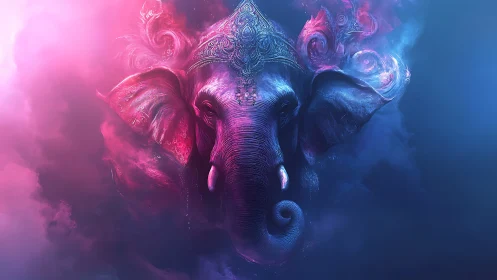 Nebula crowned elephant drifts through luminous dream clouds
