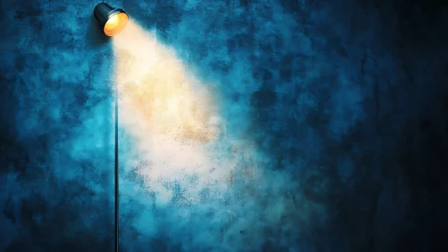 Wall-mounted spotlight projects focused beam on blue surface