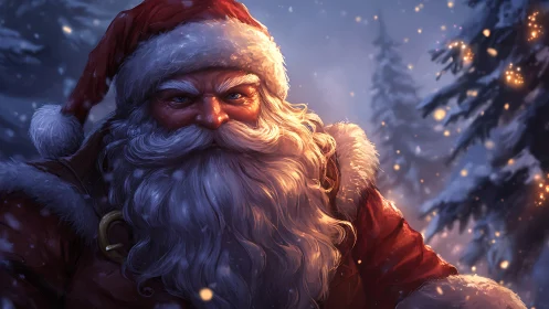 Snowlit Santa portrait under glowing winter forest sky.