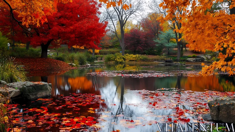 Autumn mirror pond where scarlet leaves quietly rehearse.