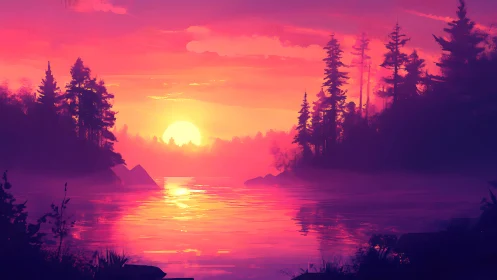 Radiant forest lake sunset glows in vivid magenta light.