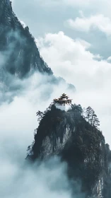 Cloud-wrapped mountain temple quietly balances between worlds