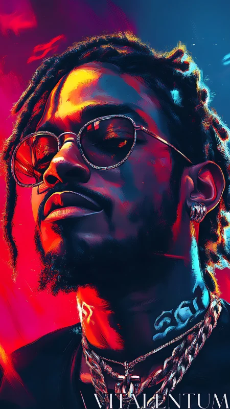 Neon-lit male portrait with split red blue lighting and chains.