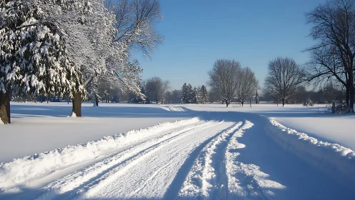 Snow-covered country road curves through winter parkland.