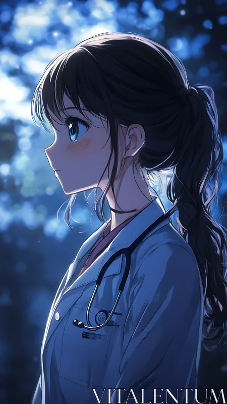 Side profile anime doctor in lab coat under cool dusk lighting