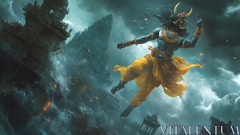 Mythic blue deity levitating over stormlit ruined temples