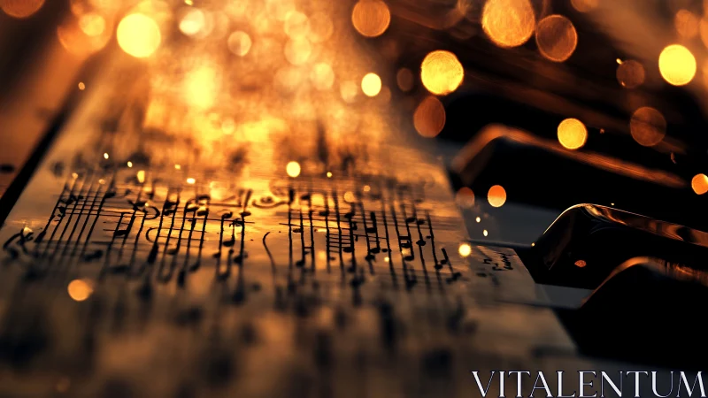 Glowing musical score drifts over piano keys in warm light