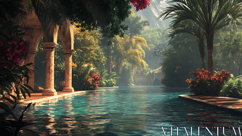 Sunlit Moorish pool amid lush tropical courtyard garden.