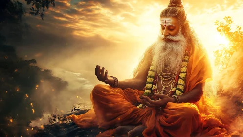 Golden light embraces a serene sage in deep meditation