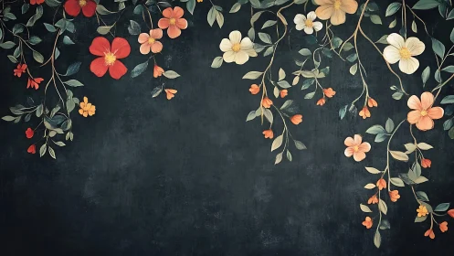 Botanical illustration with trailing flowers on darkened surface