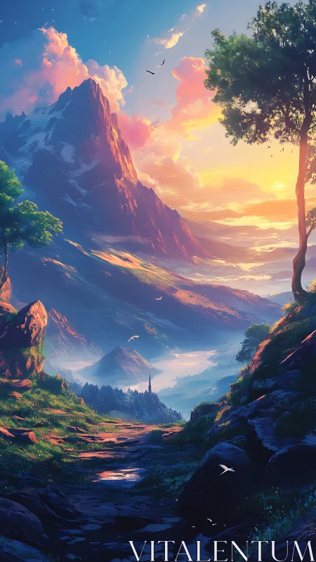 Luminous alpine valley vista in panoramic digital painting.