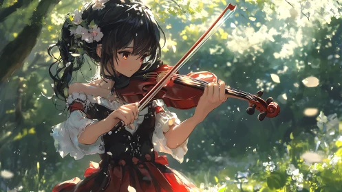 Violinist plays in a sunlit forest, petals drifting around