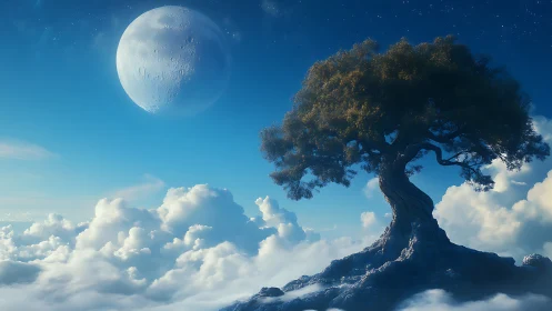 Moonlit skyroot tree leans above an ocean of wandering clouds