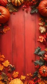 Autumn pumpkins and foliage framing vertical red wood background