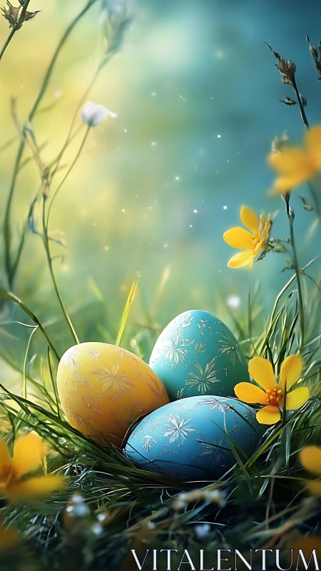 Decorative Easter eggs rest in sunlit spring meadow grass