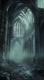 Gothic nave ruin with volumetric fog and overgrown stonework.