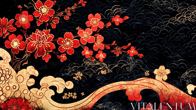 Red sakura blossoms arc over stylized golden waves