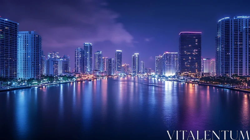 Neon-lit waterfront skyline forms a symmetrical nocturnal corridor