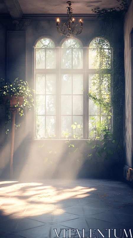 Sunlit overgrown window in forgotten classical hall.