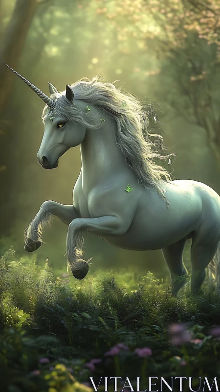 Majestic silver unicorn rearing in a glowing forest clearing.
