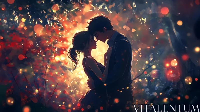 Silhouetted Couple Embracing Within Radiant Bokeh and Firelight Effects.