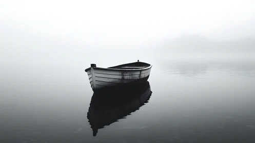 Solitary rowboat adrift on misty monochrome lake horizon.