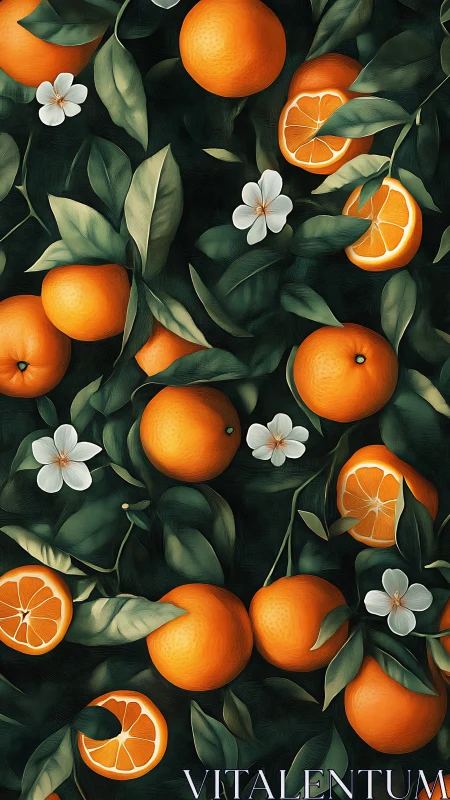 Citrus fruit pattern with oranges, blossoms and dense foliage