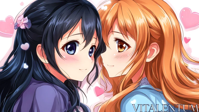 Close-up anime illustration of two blushing girls in warm embrace
