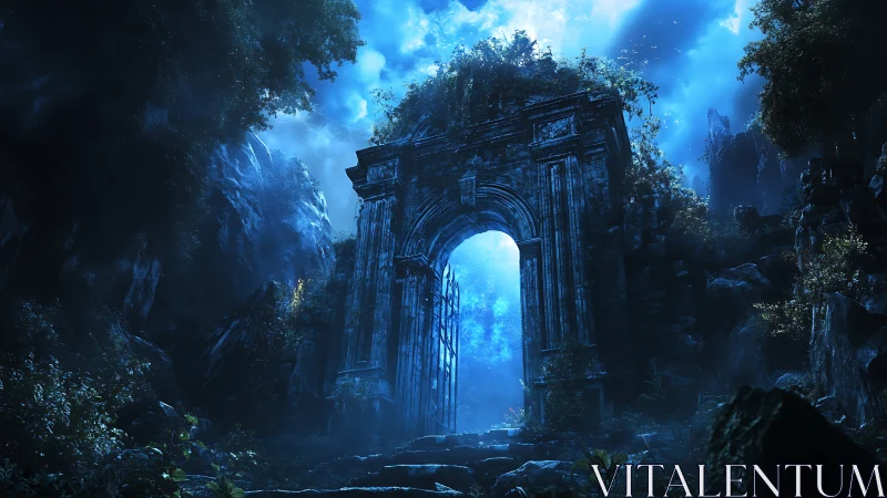 Moonlit ruined gateway amid misty enchanted forest.
