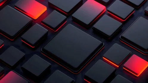 Futuristic 3D Black Squares With Red Neon Glow, Abstract Digital Art.