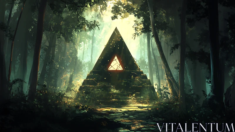 Illuminated pyramid structure in densely forested environment with atmospheric lighting