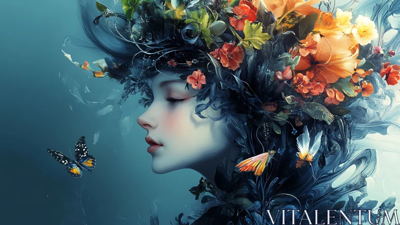 Floral crowned muse breathes softly amid drifting butterflies
