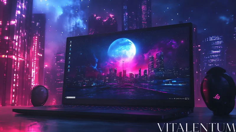 Gaming laptop glows against neon cyberpunk cityscape night