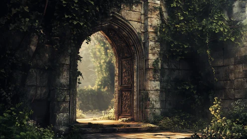 Sunlit ivy gate guarding a half-forgotten woodland passage.